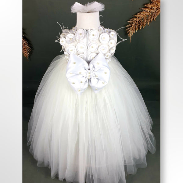 White Pearl Feather Ball Gown (includes petticoat & arm pieces) - Crown Kids