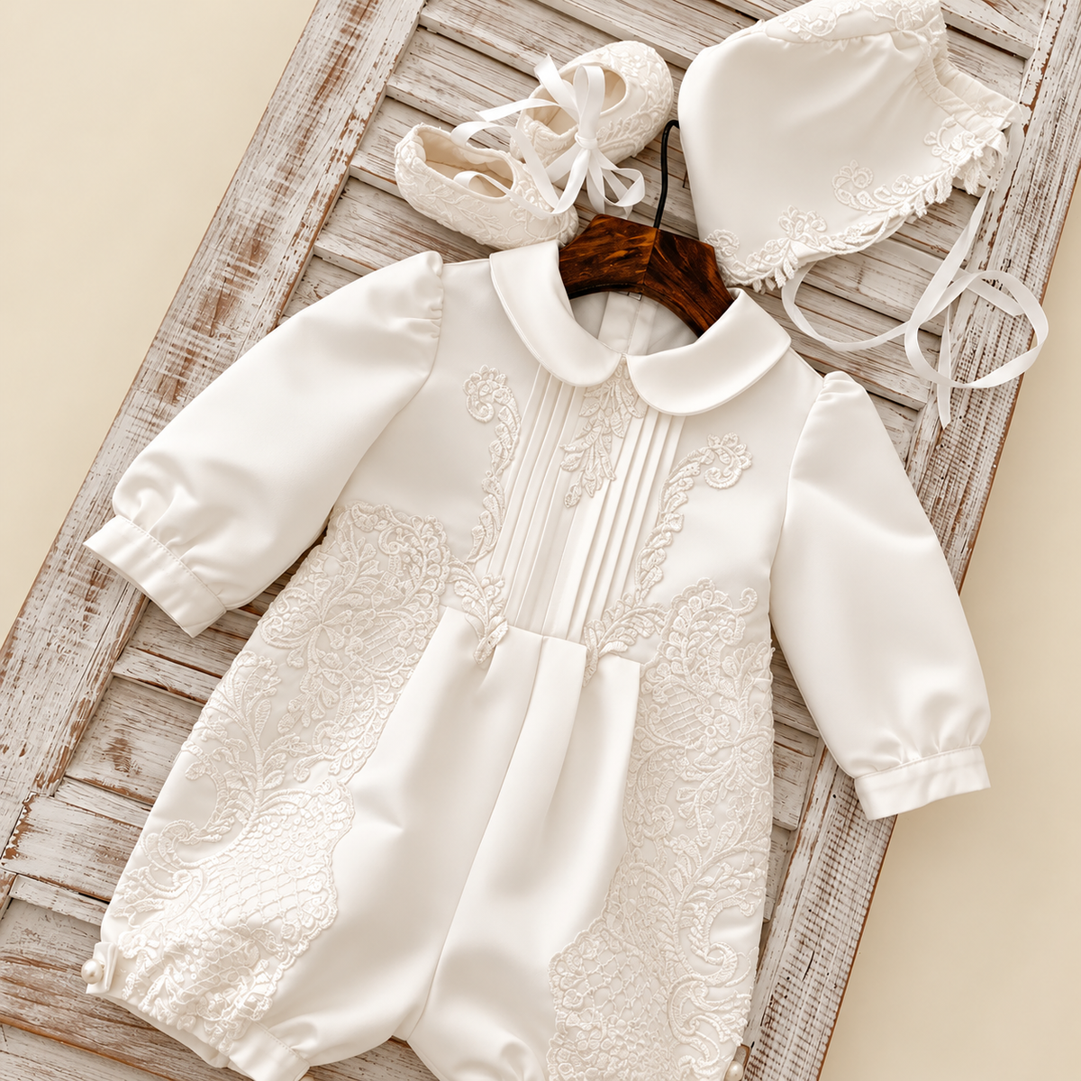Lucien Ivory Lace Christening Romper Set – Pre-Order