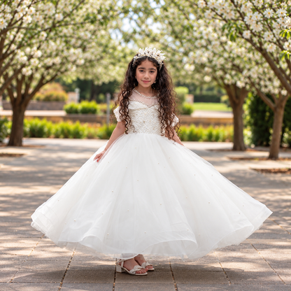 Rosalie white Pearl Princess Dress - Crown Kids