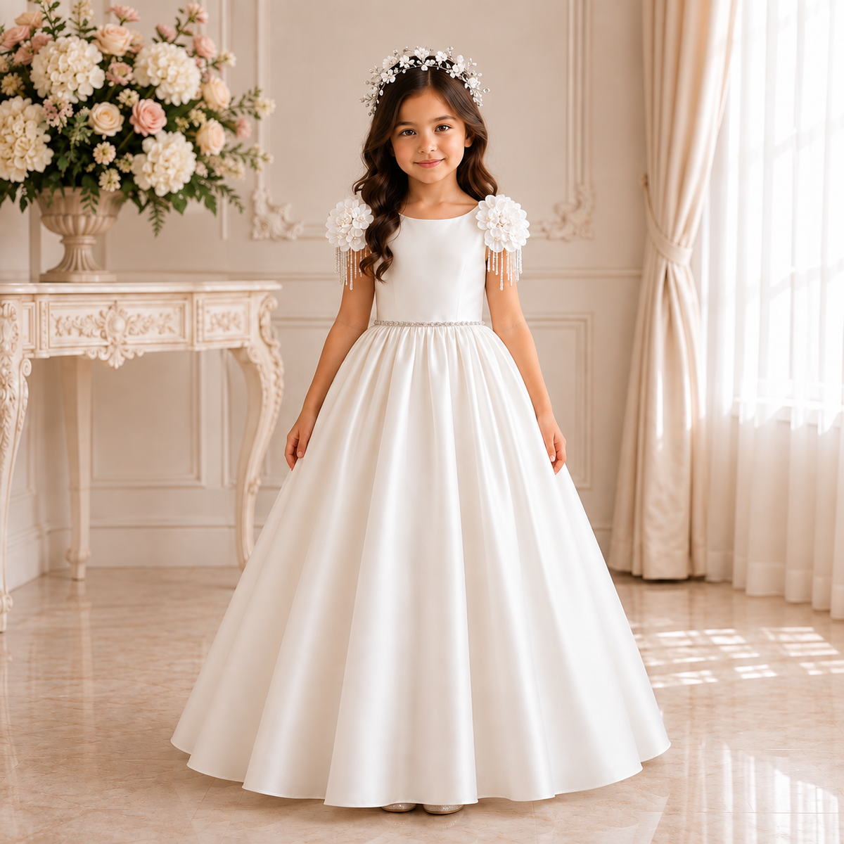 Ivory 3D Floral Shoulder Gown