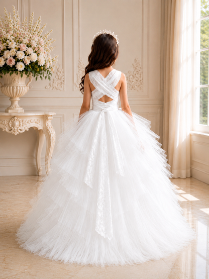 Ivory Ruffle Lace-Back Gown