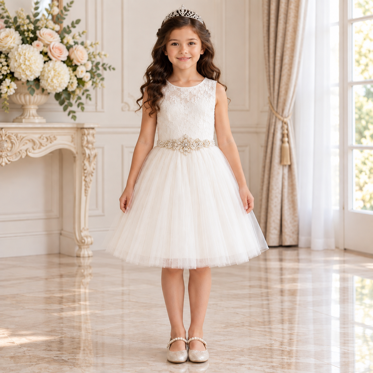 Ivory Lace & Crystal Tulle Dress