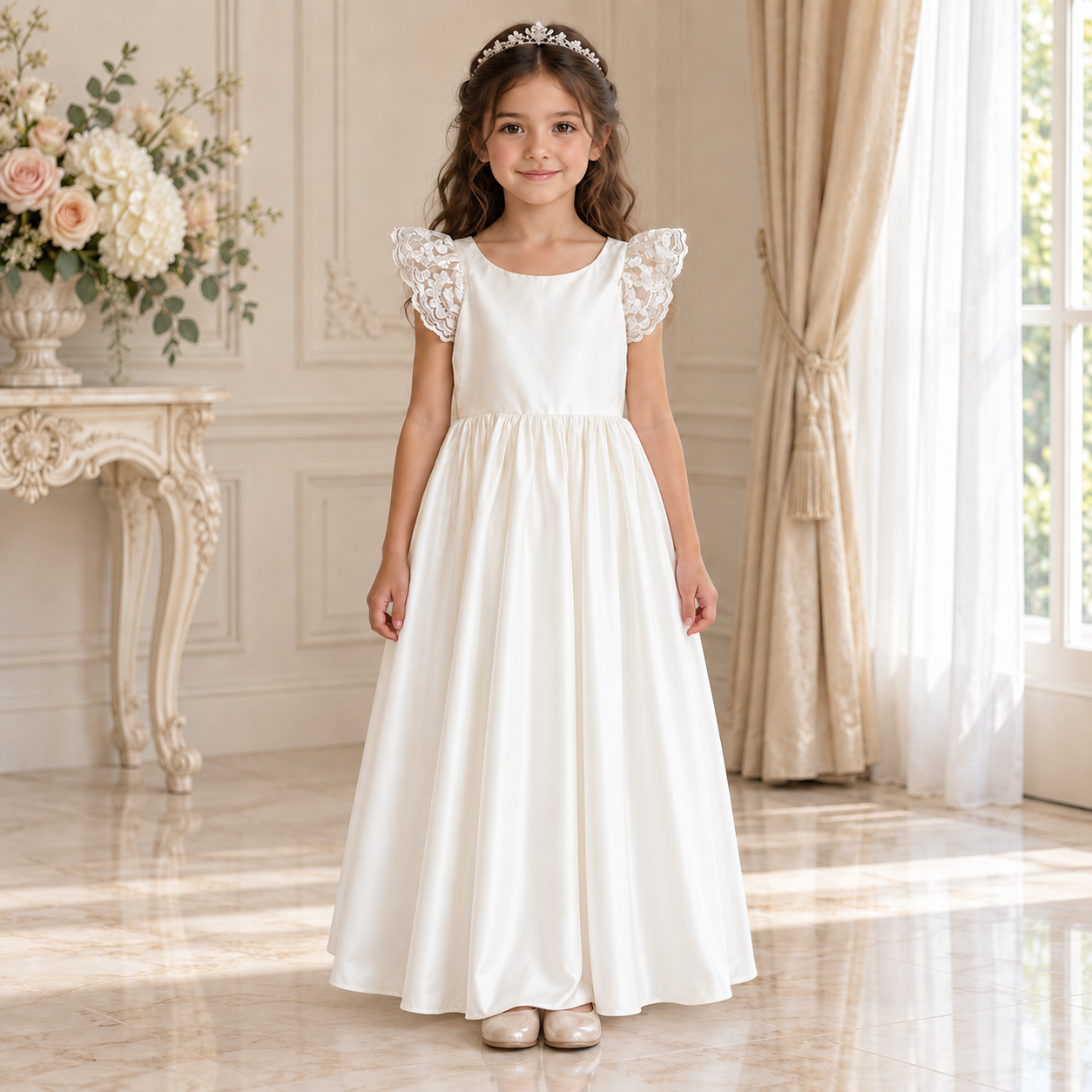 Ivory Lace Flutter Sleeve Communion Dress