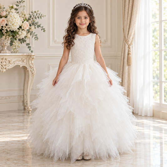Ivory Ruffle Lace-Back Gown