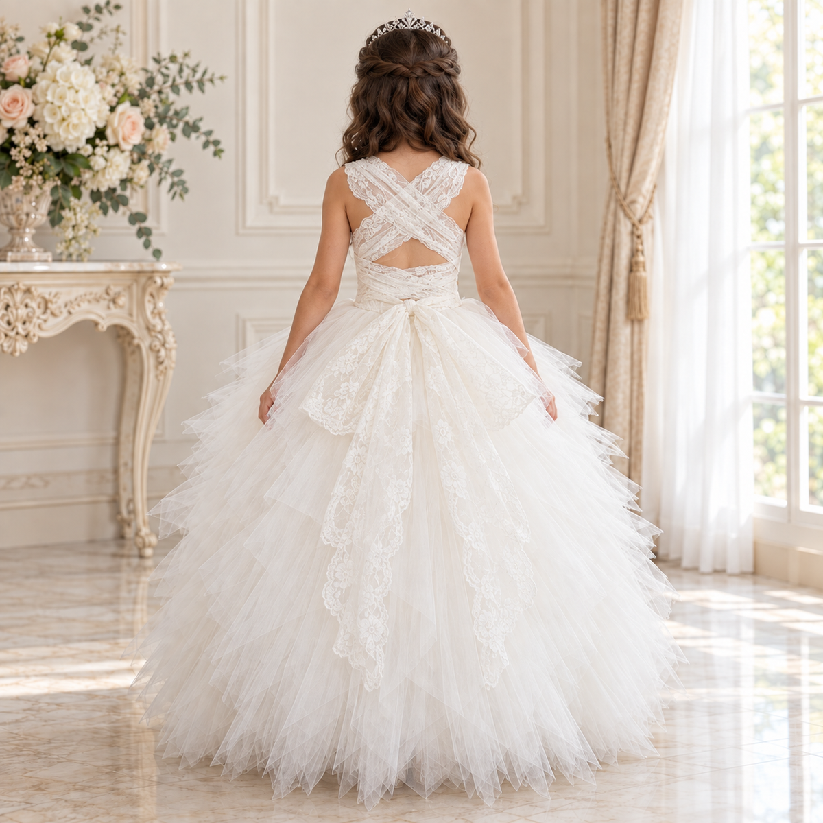 Ivory Ruffle Lace-Back Gown - Crown Kids