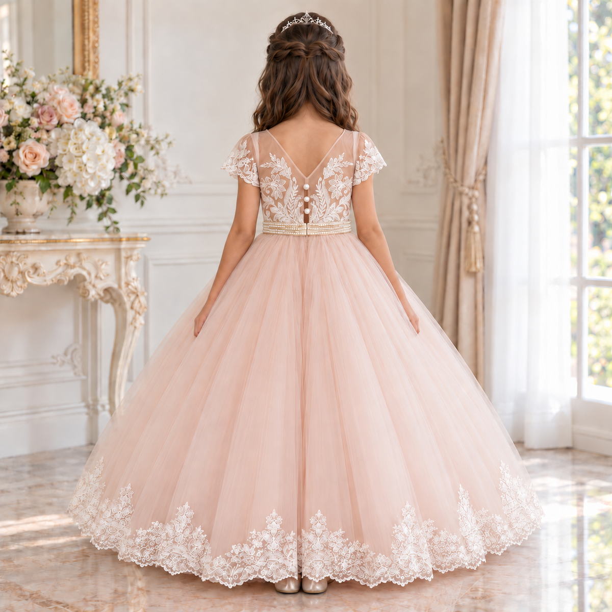 Blush Pink Lace Ball Gown