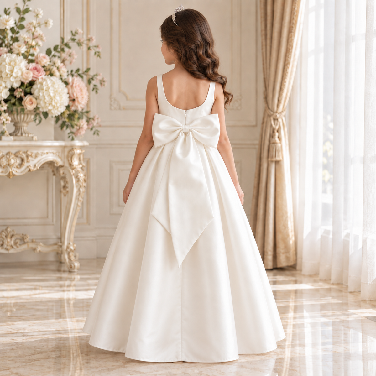 Lisa Ivory Satin Bow Gown