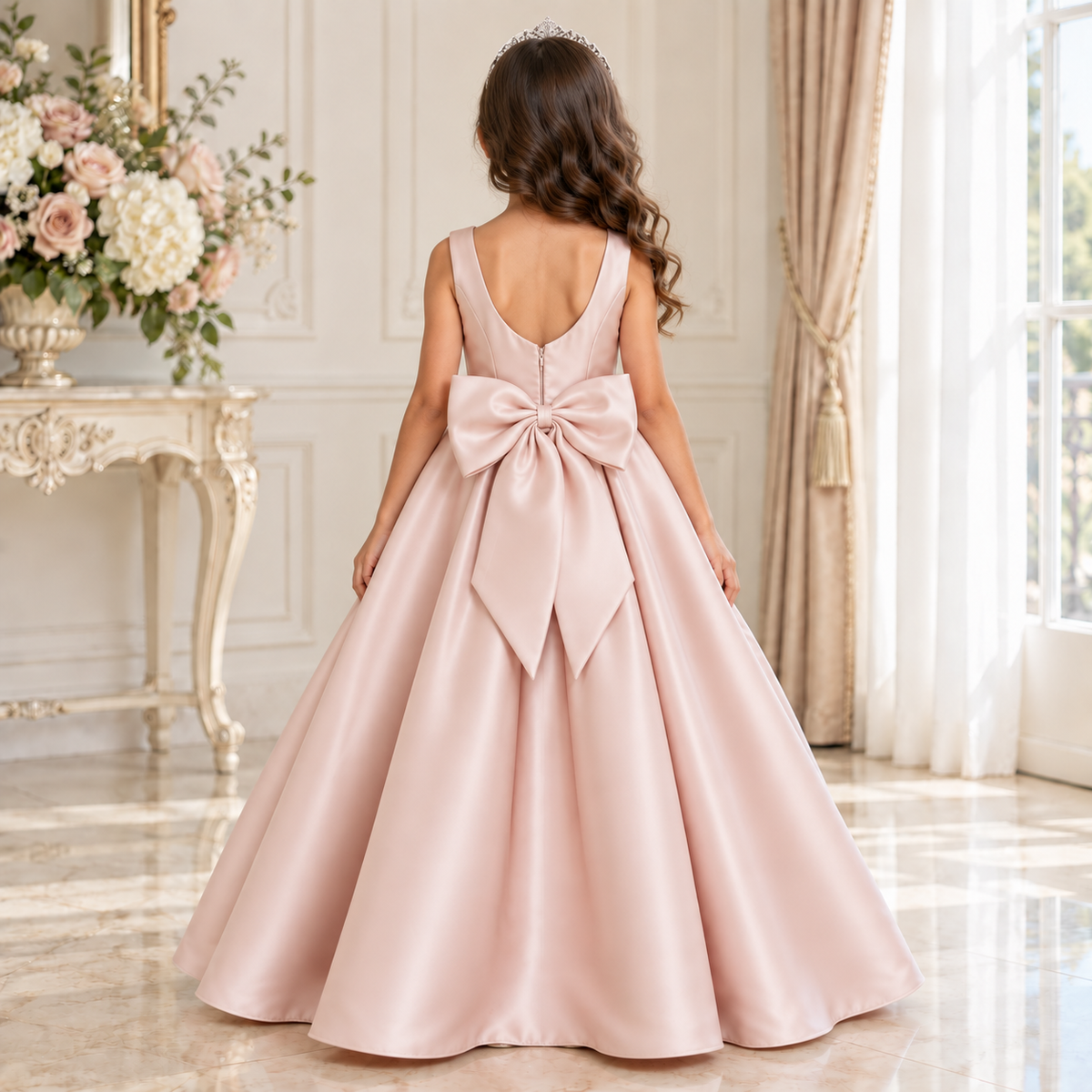 Lisa Blush Satin Bow Gown