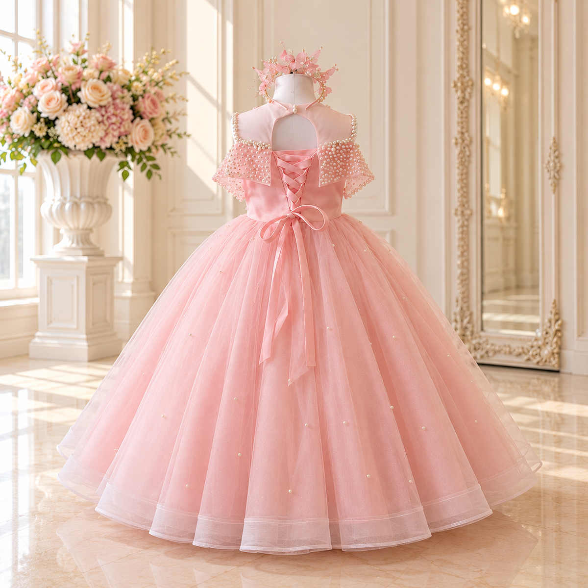 Rosalie Pink Pearl Princess Dress - Crown Kids