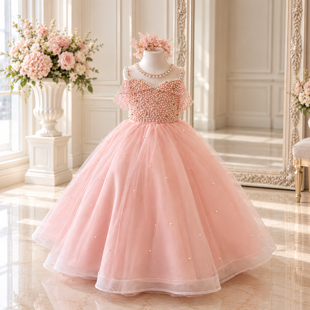 Rosalie Pink Pearl Princess Dress - Crown Kids