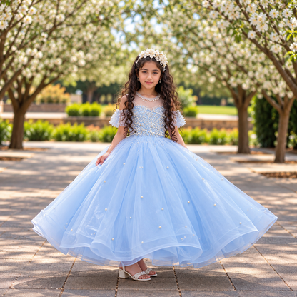 Rosalie Blue Pearl Princess Dress - Crown Kids