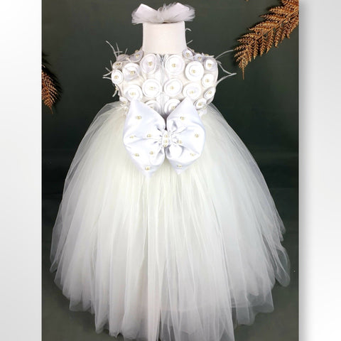 White Pearl Feather Ball Gown (includes petticoat & arm pieces) - Crown Kids
